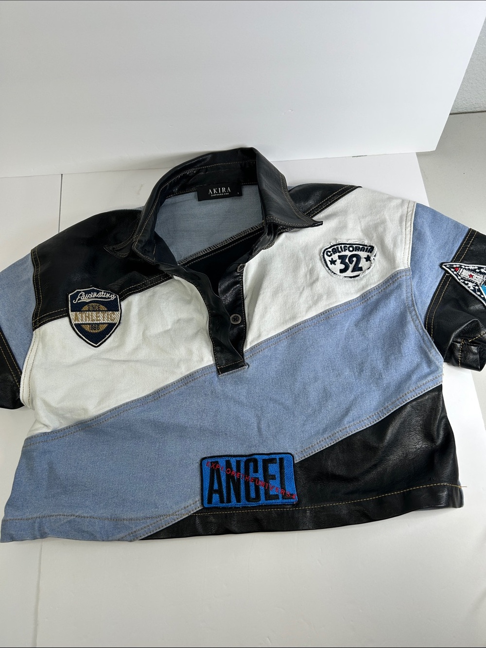 Akira biker crop jacket shirt Small denim faux leather collared